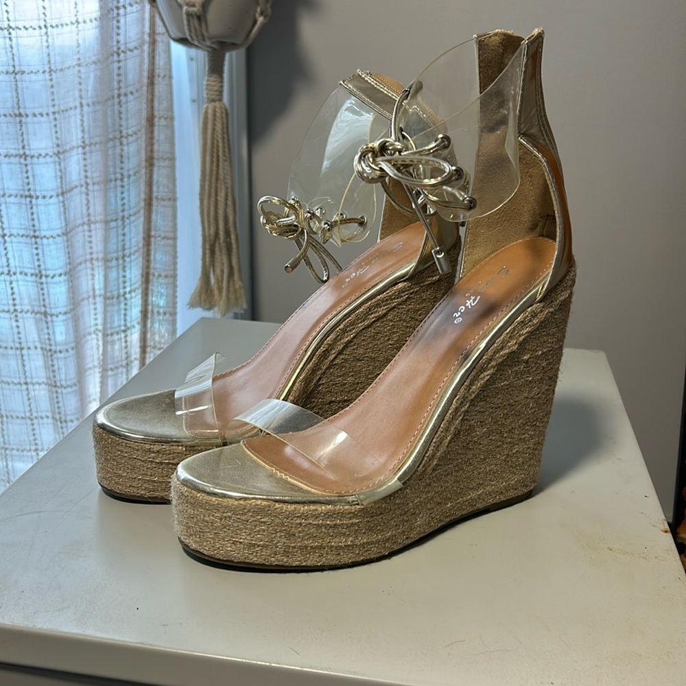 Gold and clear strappy wedges